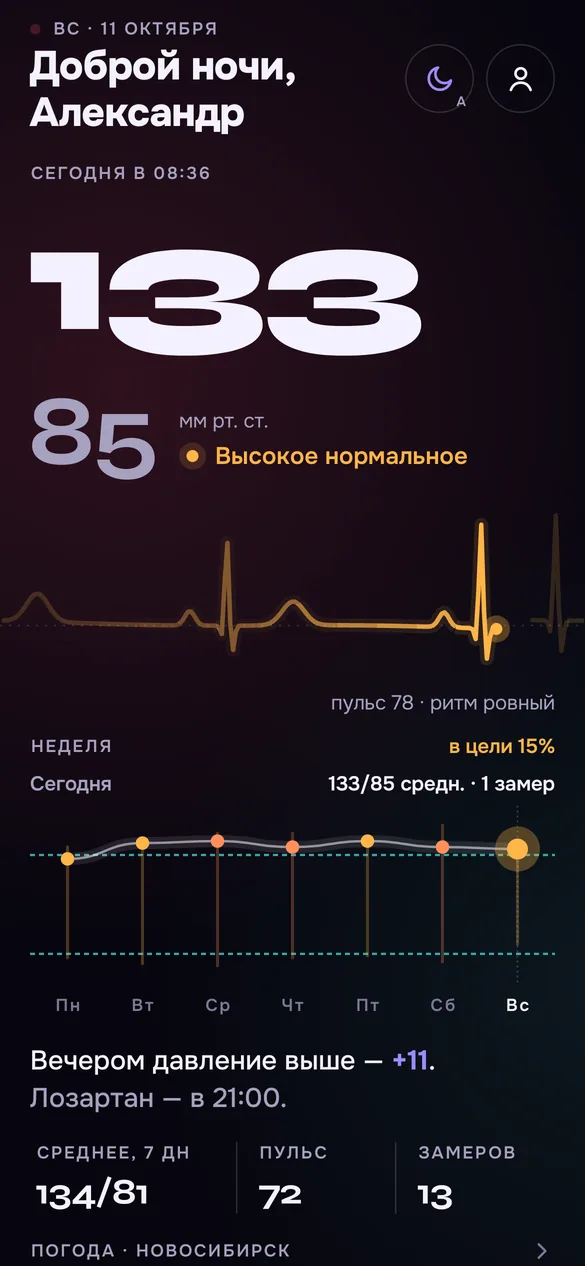 Главный экран приложения: последний замер 133/85 и живая кардиограмма